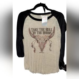 Cowgirl Tuff Co. "Take the bull by the horns" skull baseball 3/4 sleeve shirt,